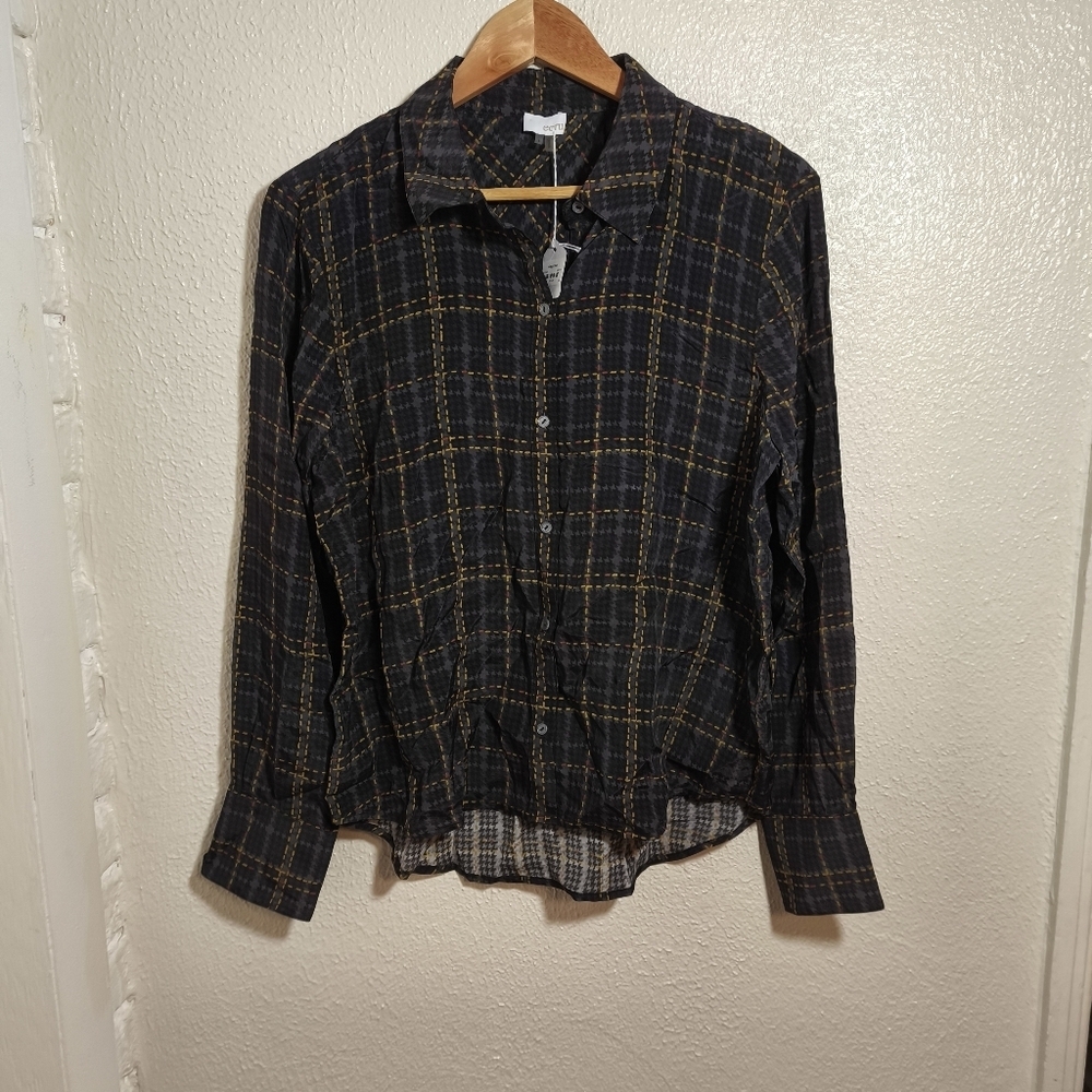 NWT Ragazza Ecru Silk Blend Houndstooth Plaid Button Down Blouse sz L Black